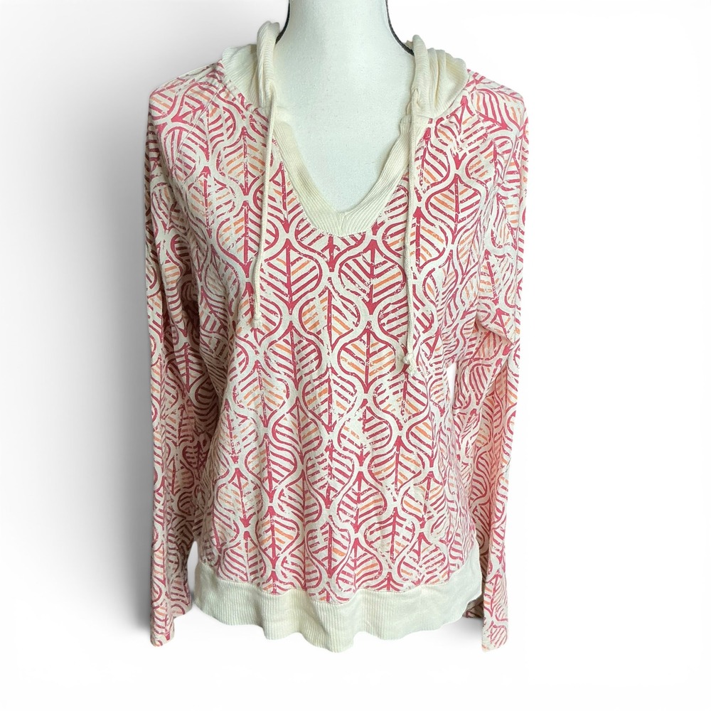 Sonoma Coral Leaf Print Hoodie Women XL V-Neck Cotton Lightweight Pullover